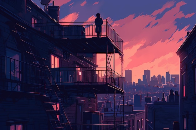 Mężczyzna stoi na balkonie z widokiem na panoramę Nowego Jorku