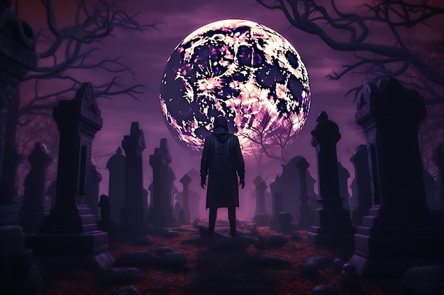 mężczyzna stoi na cmentarzu z strasznym księżycem w tle halloween
