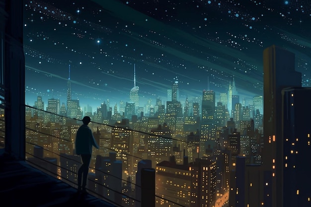 Mężczyzna stoi na dachu i patrzy na miasto nocą.
