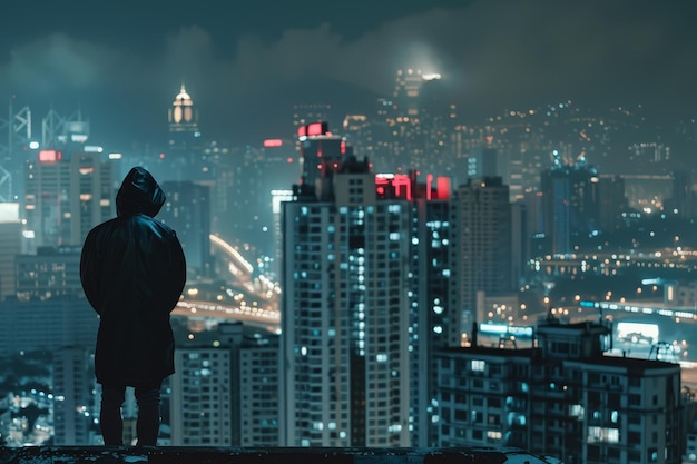 Mężczyzna stoi na dachu i patrzy na miasto w nocy.