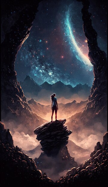 Mężczyzna stoi na klifie patrząc w gwiazdy