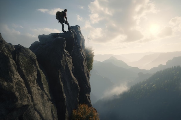 Mężczyzna stoi na klifie w górskim krajobrazie z górami w tle.