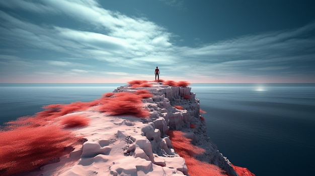 Zdjęcie mężczyzna stoi na klifie z widokiem na ocean.