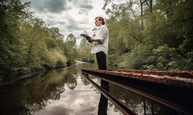 Mężczyzna stoi na moście na rzece i patrzy na mapę rzeki.