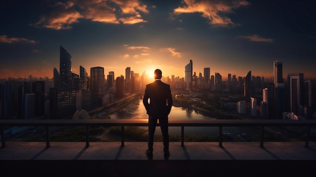 mężczyzna stoi na ostatnim piętrze, oglądając zachód słońca na wieczornym niebie nad romantycznym miastem