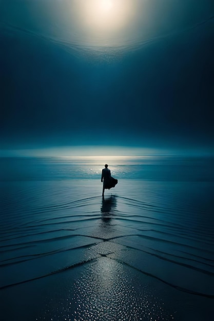 Mężczyzna stoi na plaży przed księżycem