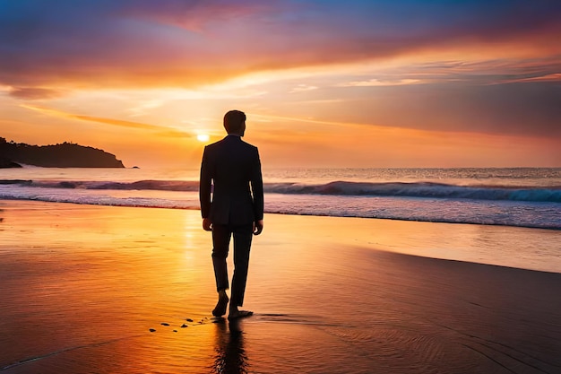 Mężczyzna stoi na plaży przed zachodem słońca.