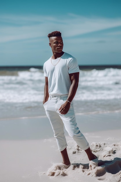 Mężczyzna stoi na plaży w białych spodniach i białej koszuli.