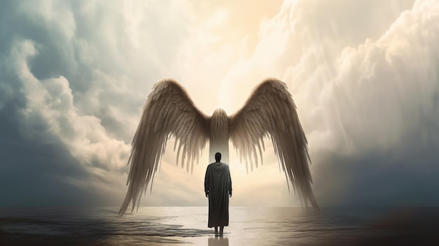 Mężczyzna stoi na plaży z niebem za sobą i widocznymi skrzydłami anioła.