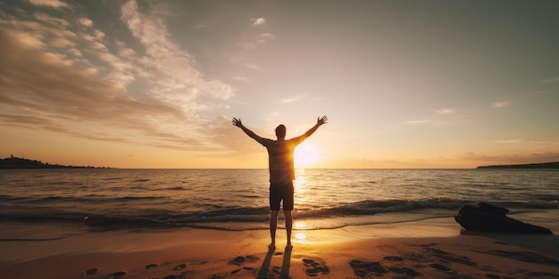 Mężczyzna stoi na plaży z rękami uniesionymi w górę.