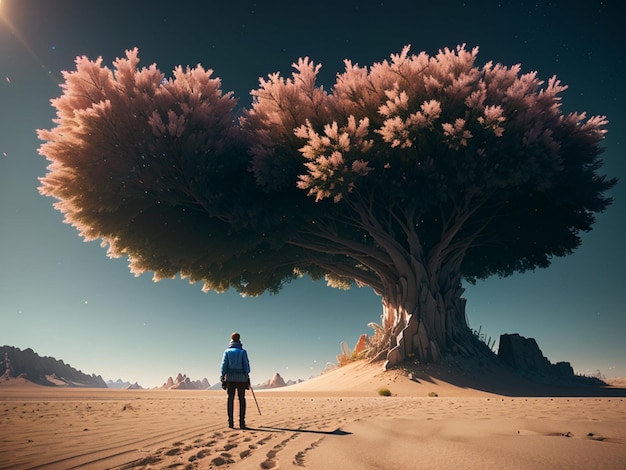 Mężczyzna stoi na pustyni patrząc na drzewo