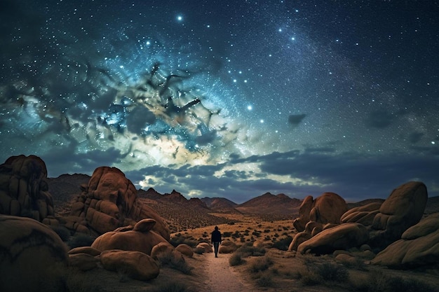 Mężczyzna stoi na pustyni pod rozgwieżdżonym niebem.