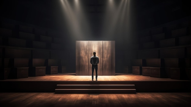 Mężczyzna stoi na scenie przed dużym ekranem, na którym jest napisane „słowo”