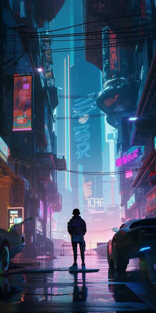 Mężczyzna stoi na środku ruchliwej ulicy w cyberpunkowym mieście.