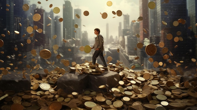 Mężczyzna stoi na stosie monet przed pejzażem miejskim.