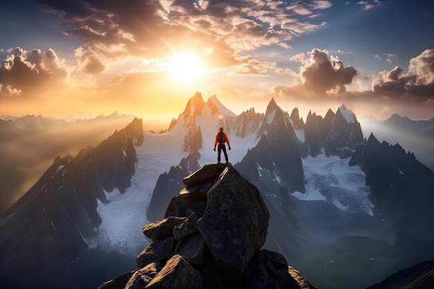 Mężczyzna stoi na szczycie góry patrząc na zachód słońca.