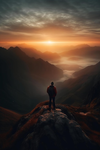 Mężczyzna stoi na szczycie góry patrząc na zachód słońca.