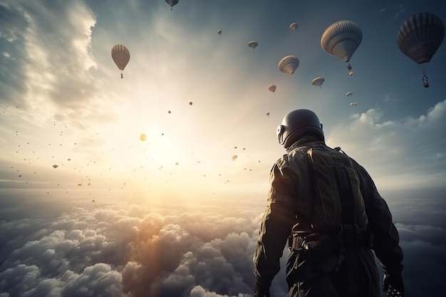 Mężczyzna stoi na szczycie nieba pełnego chmur gotowy do skoku spadochronem