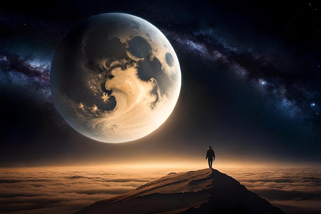 Mężczyzna stoi na wzgórzu patrząc na księżyc.