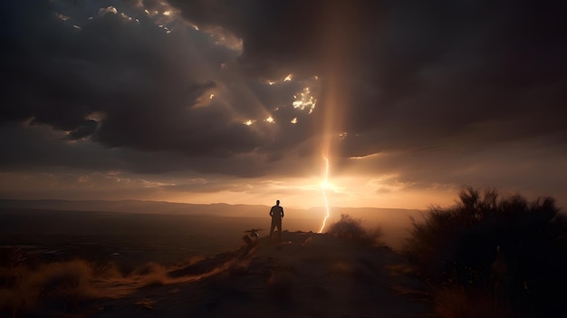Zdjęcie mężczyzna stoi na wzgórzu pod zachodem słońca, a słońce świeci przez chmury.