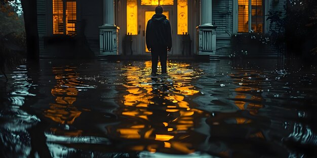 Mężczyzna stoi na zatopionym progu w nocy, a woda pokrywa podłogę wewnątrz domu Koncepcja To może być potężny obraz ilustrujący takie tematy jak zmiana klimatu, klęski żywiołowe