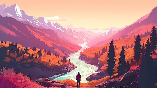 Mężczyzna stoi na zboczu wzgórza z widokiem na rzekę z górami w tle Podróże eksploracyjne na zewnątrz