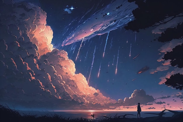 Mężczyzna stoi pod burzą i patrzy na meteoryt