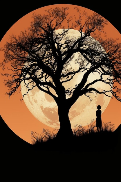 Mężczyzna stoi pod drzewem, a za nim księżyc.