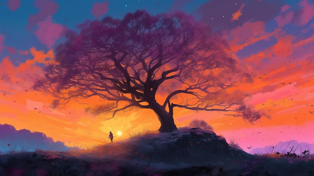 Mężczyzna stoi pod drzewem o zachodzie słońca.