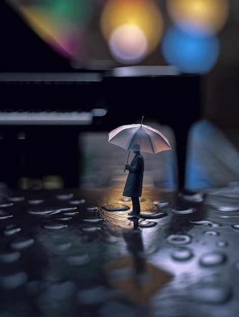 Zdjęcie mężczyzna stoi pod parasolem na pianinie.