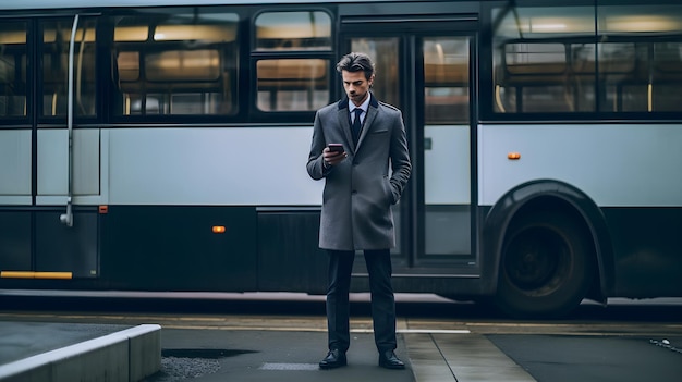 Mężczyzna stoi przed autobusem i patrzy na swój telefon.