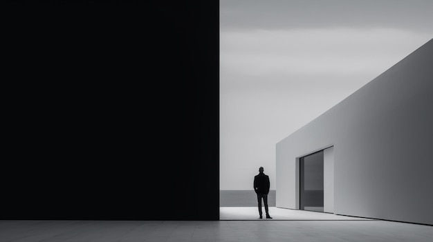 Mężczyzna stoi przed czarną ścianą z napisem „czarny”.