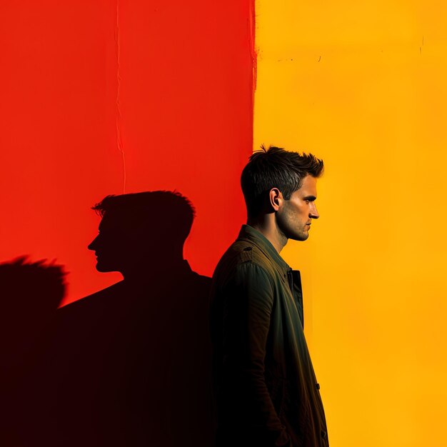 Mężczyzna stoi przed czerwoną i żółtą ścianą.