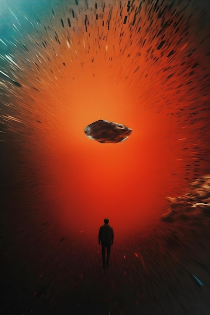 Zdjęcie mężczyzna stoi przed czerwonym niebem z dużą asteroidą pośrodku.