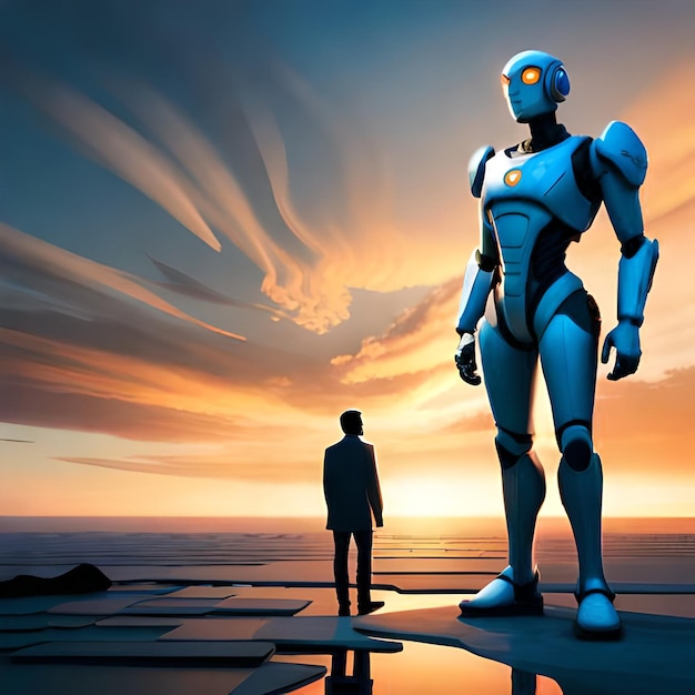 Mężczyzna stoi przed dużym robotem z napisem „robot”.