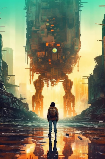 Mężczyzna stoi przed gigantycznym robotem, który mówi „przyszłość jest”