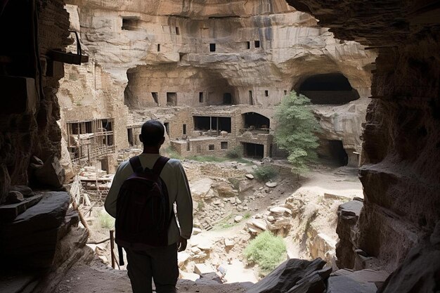 Mężczyzna stoi przed jaskinią z numerem 2 na niej