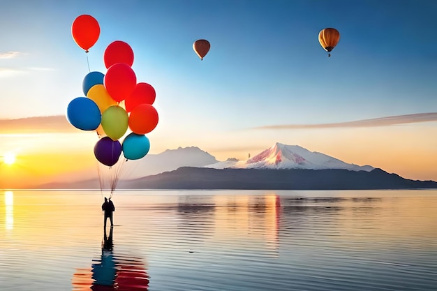 Mężczyzna stoi przed jeziorem z balonami unoszącymi się na niebie.