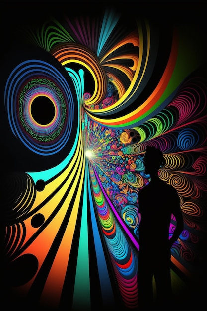Mężczyzna stoi przed kolorowym swirly tłem.