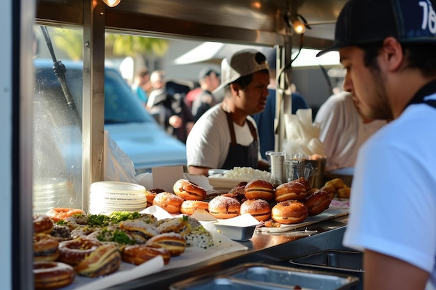 Mężczyzna stoi przed licznikiem wypełnionym różnorodnymi pysznymi pączkami Gourmet donut food truck na hip urban food festival AI Generated