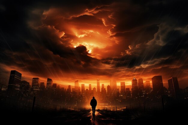 Zdjęcie mężczyzna stoi przed miastem o zachodzie słońca.
