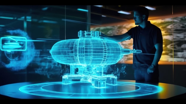 Mężczyzna stoi przed niebieskim światłem z napisem „nuklearna łódź podwodna”.