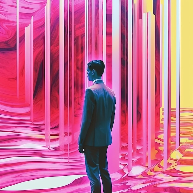 Mężczyzna stoi przed ścianą z różowym i żółtym tłem.