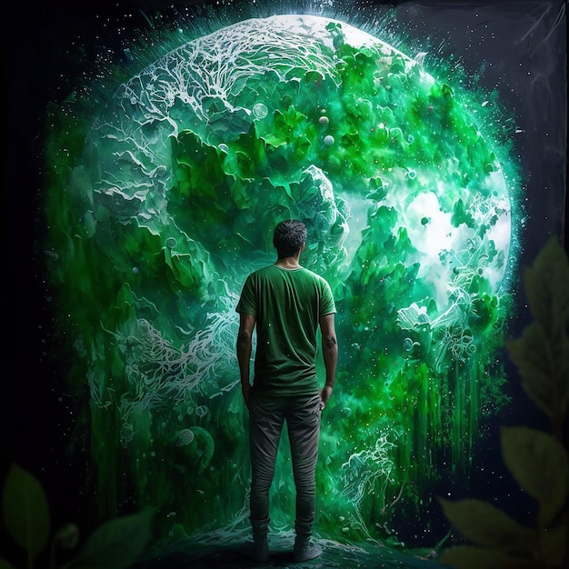 Mężczyzna stoi przed zieloną planetą.