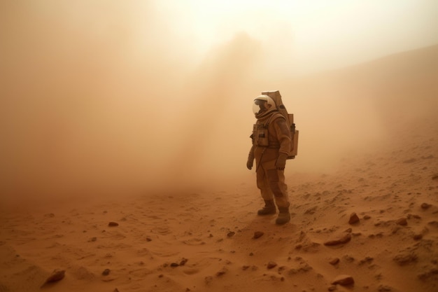 Zdjęcie mężczyzna stoi w burzy piaskowej w skafandrze kosmicznym.