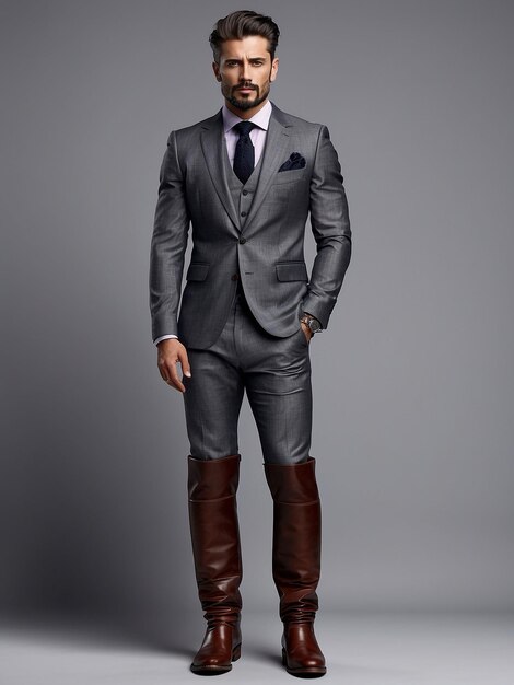 Mężczyzna stoi w butach, butach i garniturze.