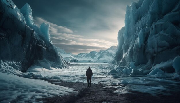 Zdjęcie mężczyzna stoi w ciemnym i pochmurnym krajobrazie, z dużą górą lodową w tle.