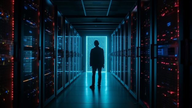 Mężczyzna stoi w ciemnym pokoju z niebieskim światłem, które mówi „to centrum danych”