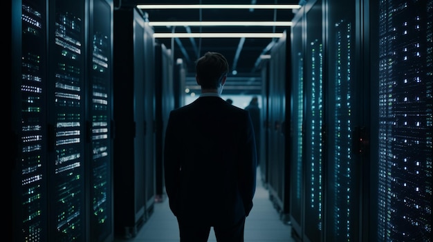 Mężczyzna stoi w ciemnym pokoju z podświetlonym wyświetlaczem serwerów.