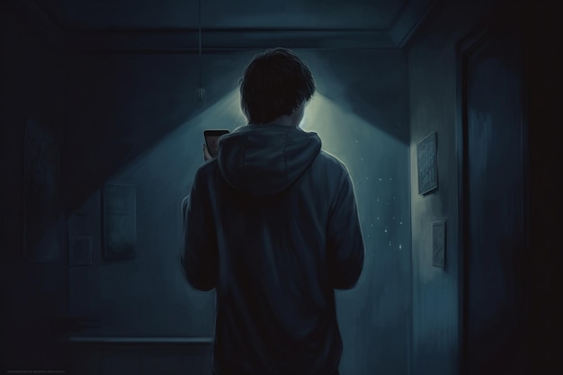 Mężczyzna stoi w ciemnym pokoju ze światłem na ścianie, które mówi „ciemna strona”